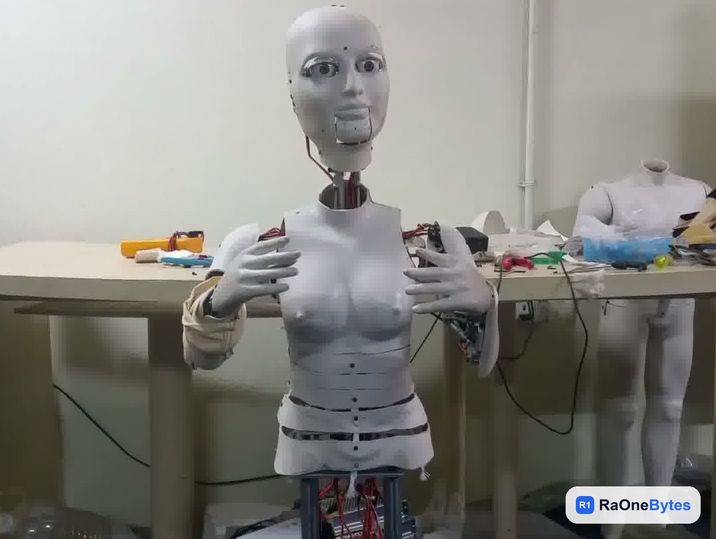 Humanoid animatronic robot prototype with articulated arms