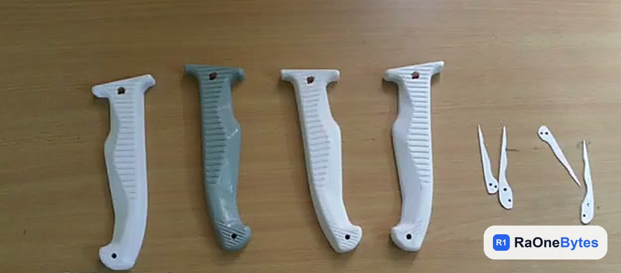 3D-printed handle prototypes for the knife prop