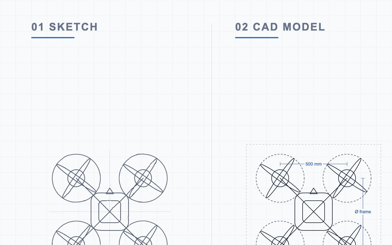 Quadcopter UAV design process, sketch, CAD model, and final product